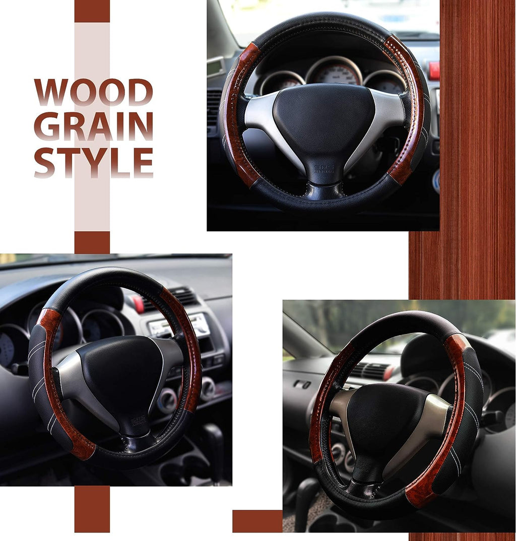 Elantrip Wood Grain Steering Wheel Cover Leather 14.5 to 15 inches Anti Slip for Car Truck SUV Jeep