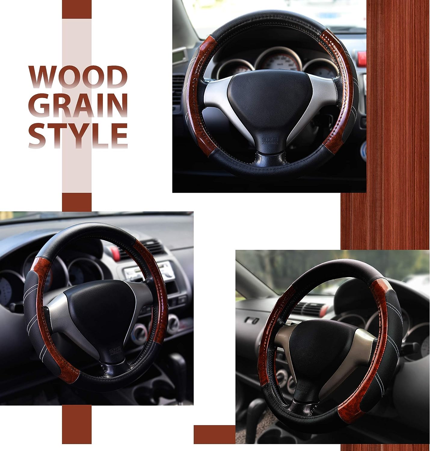Elantrip Wood Grain Steering Wheel Cover Leather 14.5 to 15 inches Anti Slip for Car Truck SUV Jeep