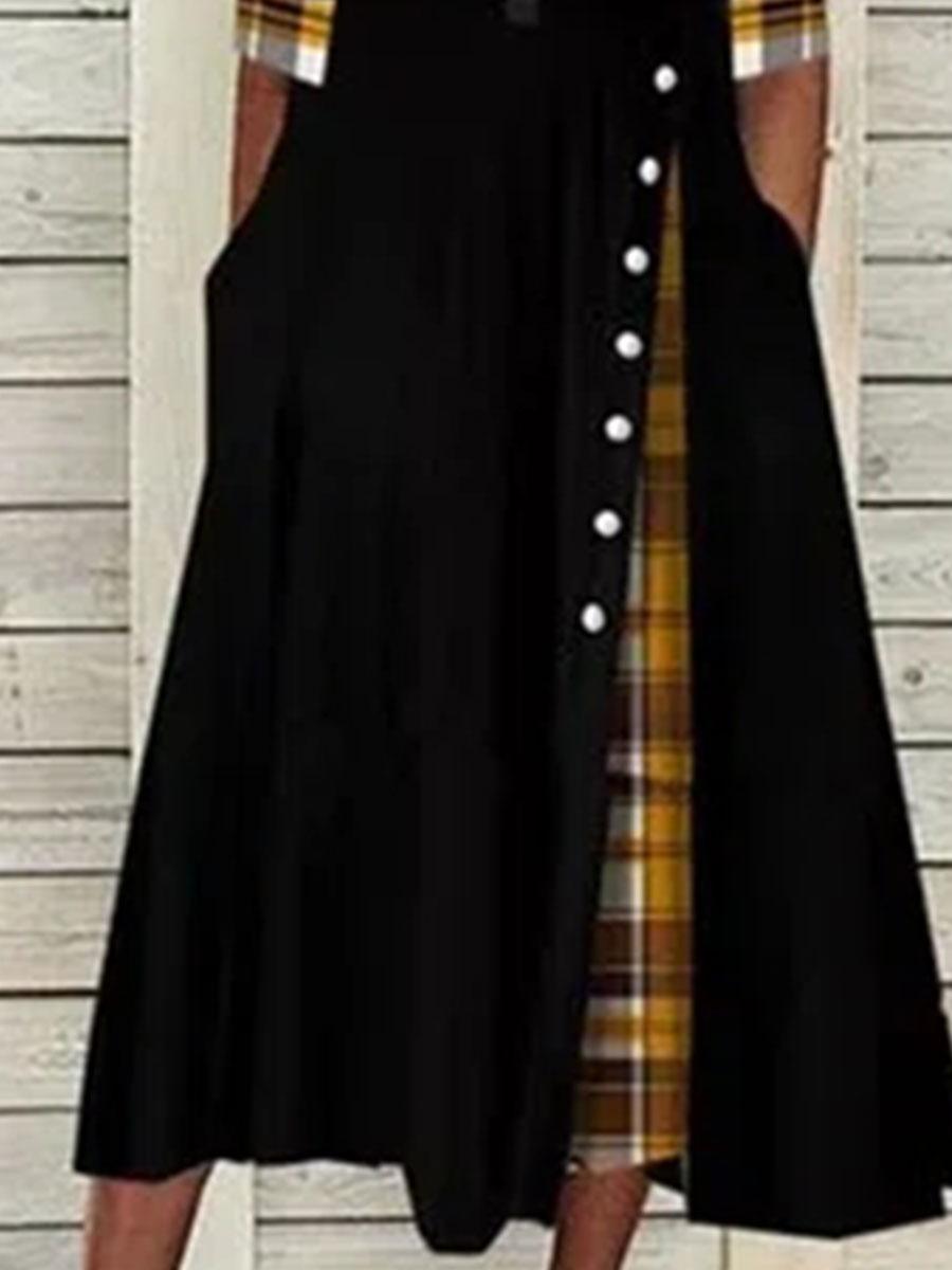 Fashion Check Printed V-neck Long Sleeve Casual Maxi Dress
