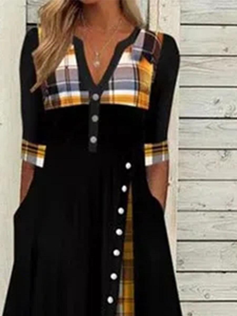 Fashion Check Printed V-neck Long Sleeve Casual Maxi Dress