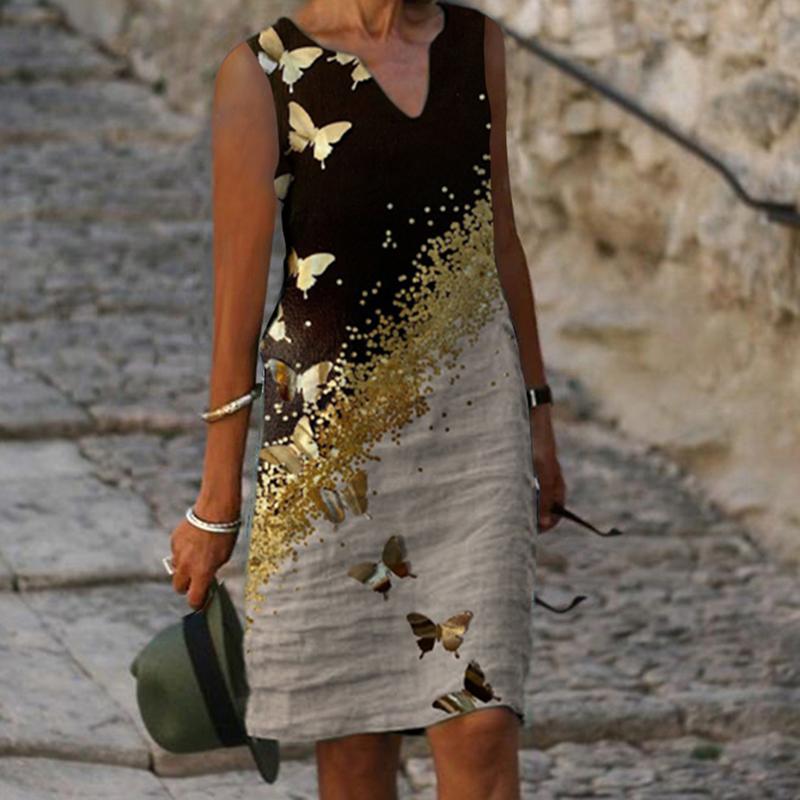 Fashion V-neck sleeveless butterfly print dress
