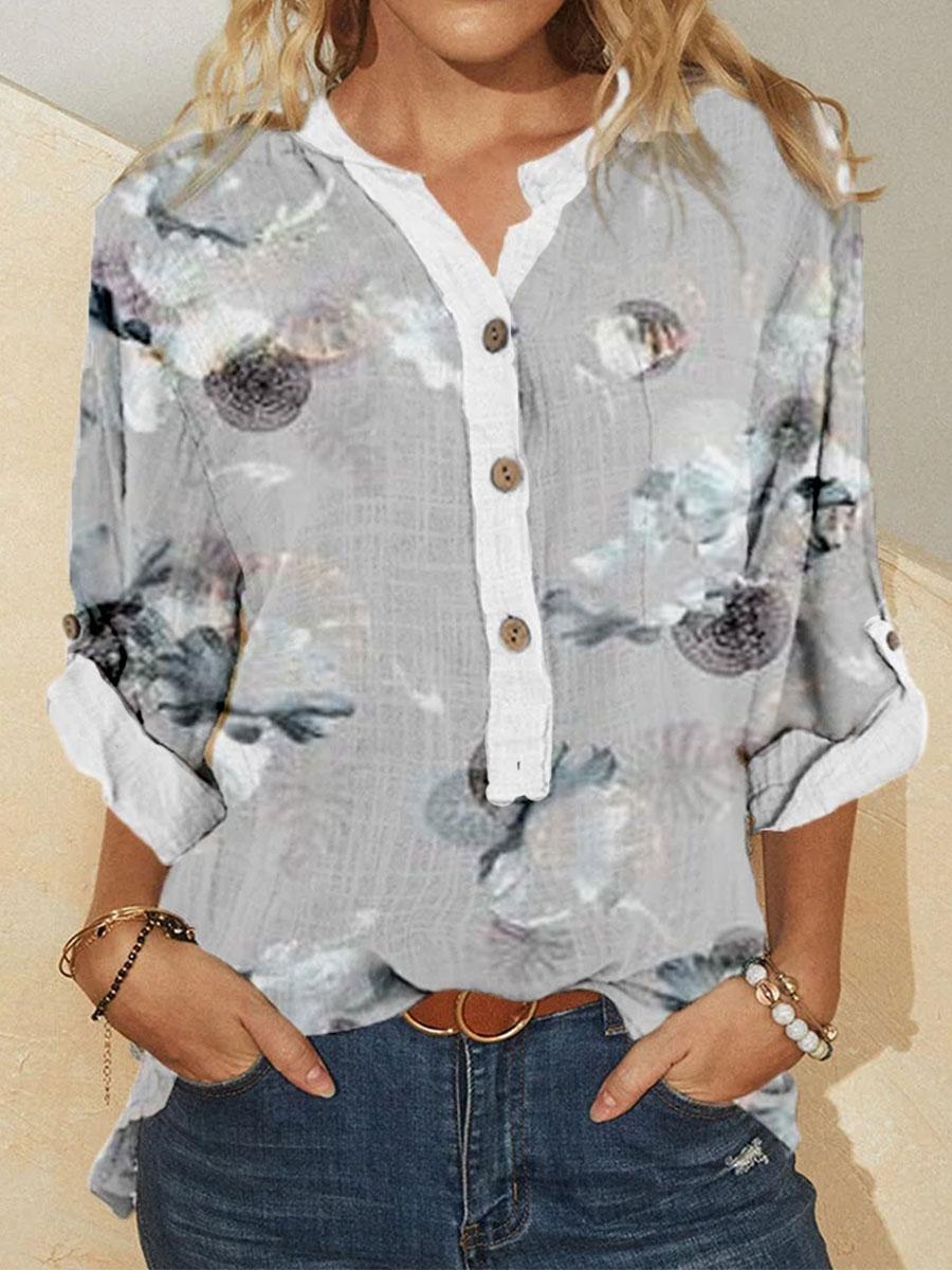 Fashion Flower Print Stand Collar Long Sleeve Casual Blouse