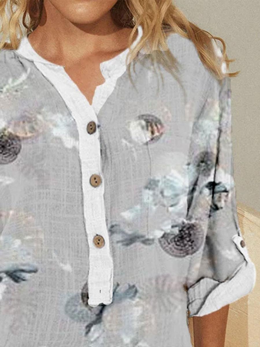 Fashion Flower Print Stand Collar Long Sleeve Casual Blouse