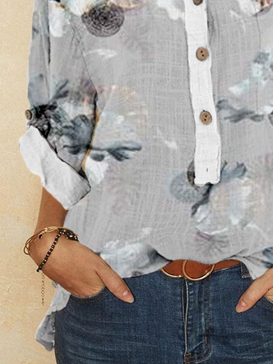 Fashion Flower Print Stand Collar Long Sleeve Casual Blouse