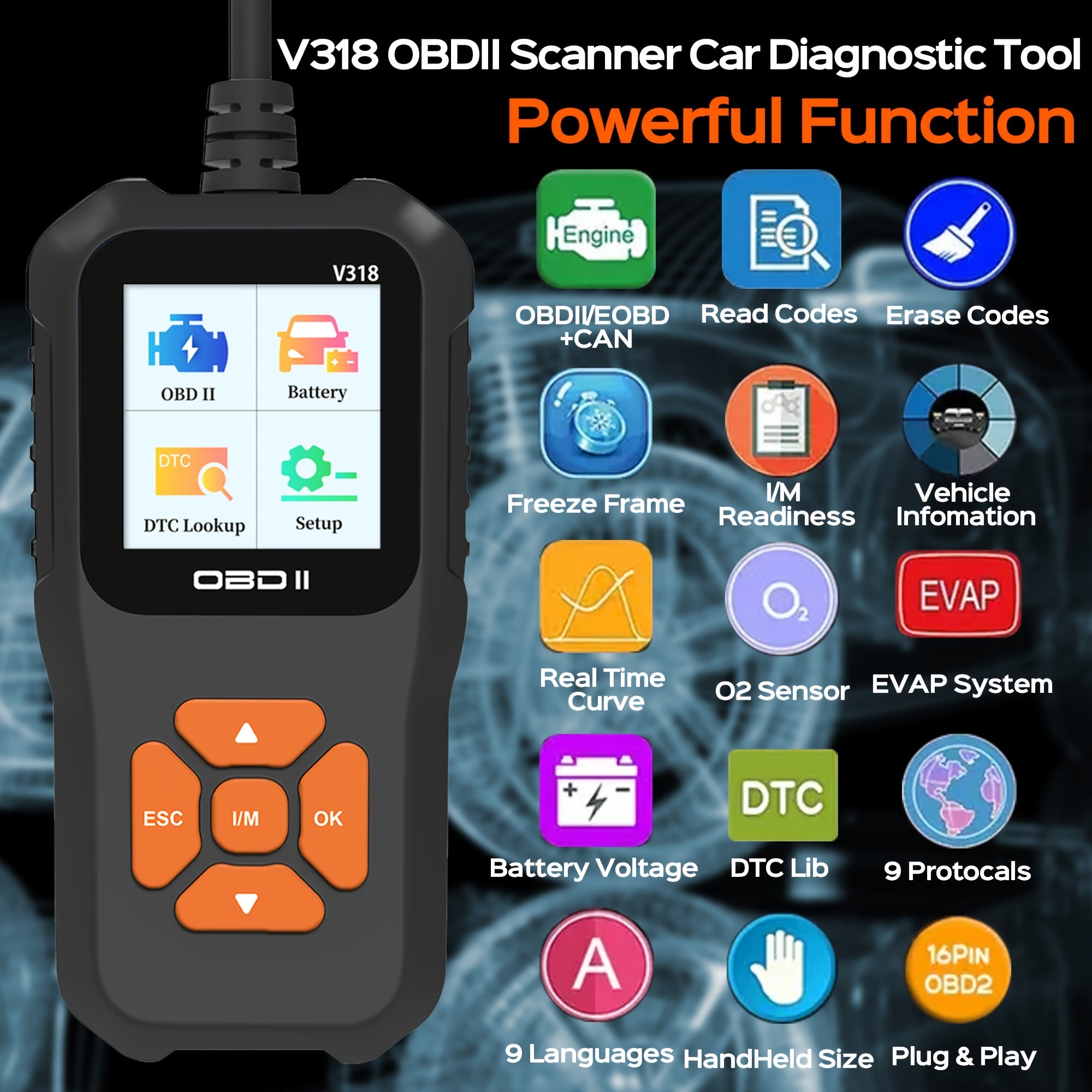 OBD2 Car Scanner Diagnostic Scan Tool V318-2,  Color ScreenVehicle Fault Code Reader , Auto Read Fault Code Check Engine Light For OBDII Protocol Cars
