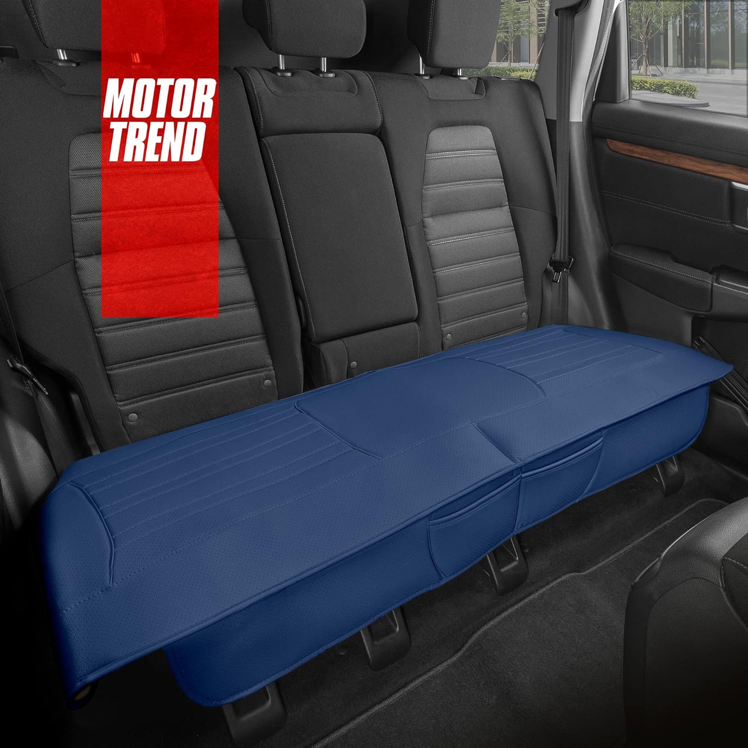 Motor Trend Seat Cover for Cars Trucks SUV, Faux Leather Rear Bench Blue Padded Car Seat Cover with Storage Pockets, Premium Interior Car Seat Cover