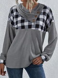 Casual Plaid Print Cowl Neck Long Sleeves T-shirt