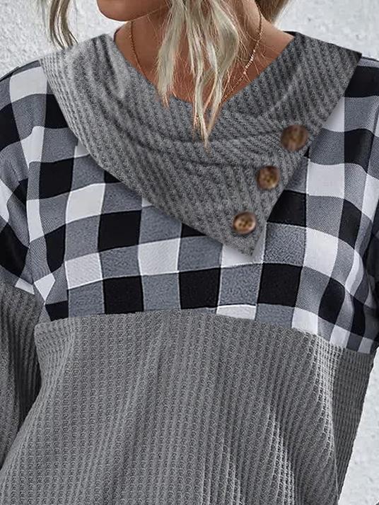 Casual Plaid Print Cowl Neck Long Sleeves T-shirt