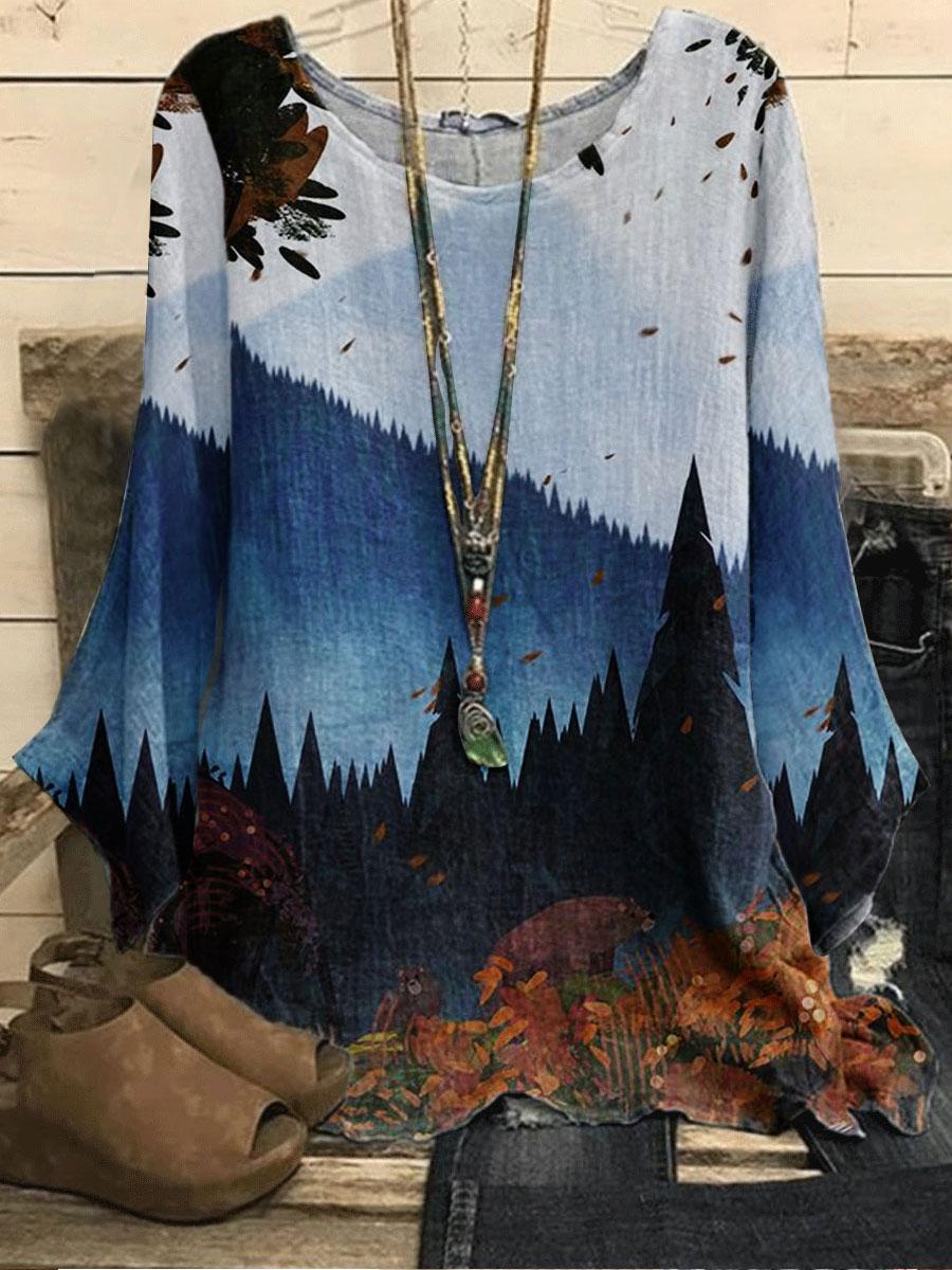 Round Neck Printed Casual Loose Long-sleeved Blouse