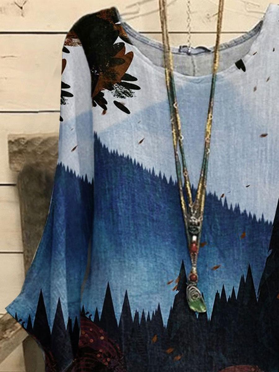Round Neck Printed Casual Loose Long-sleeved Blouse