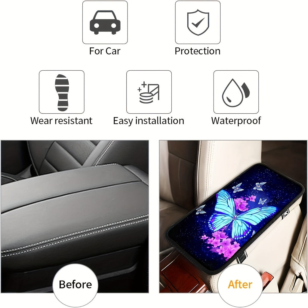 Blue Butterfly Print Armrest Box Mat, Armrest Box Protector Center Console Cover Car Decoration Accessories