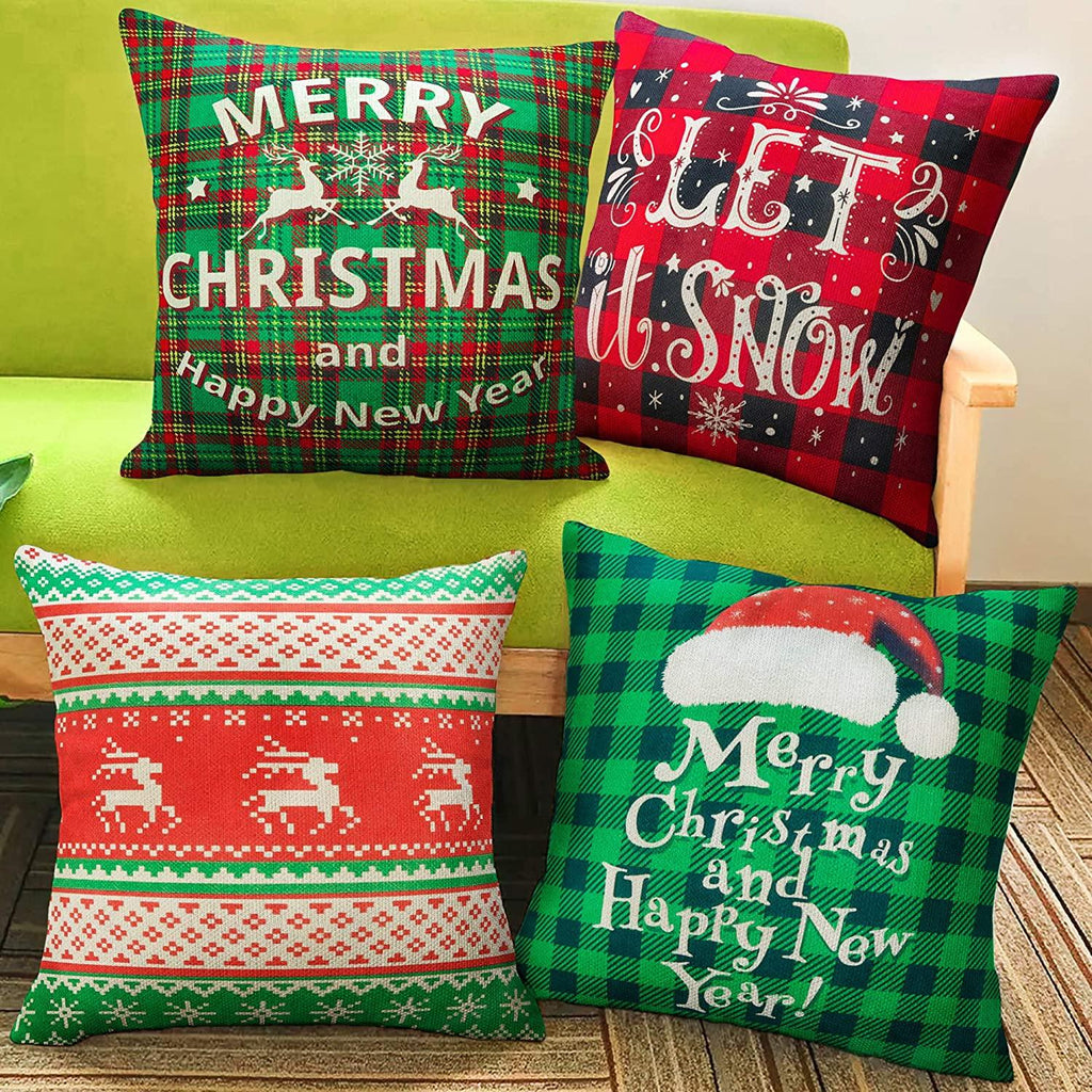 Christmas Throw Pillow Covers 18x18 Buffalo Plaid Pillow Case Xmas Green Red Pillowcase Rustic Throw Pillow Covers for Sofa Couch Holiday Christmas Decorations Invisible Zipper Pillowcase