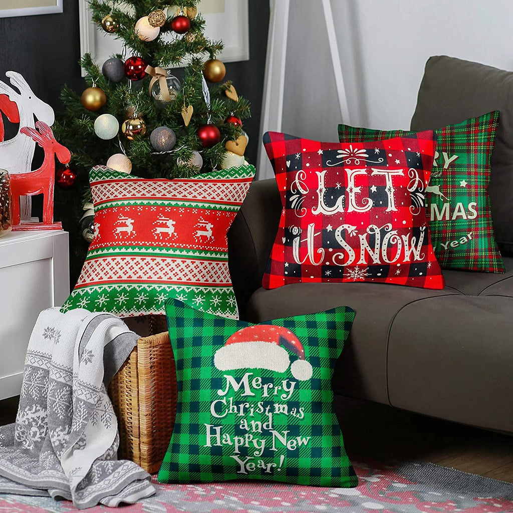 Christmas Throw Pillow Covers 18x18 Buffalo Plaid Pillow Case Xmas Green Red Pillowcase Rustic Throw Pillow Covers for Sofa Couch Holiday Christmas Decorations Invisible Zipper Pillowcase