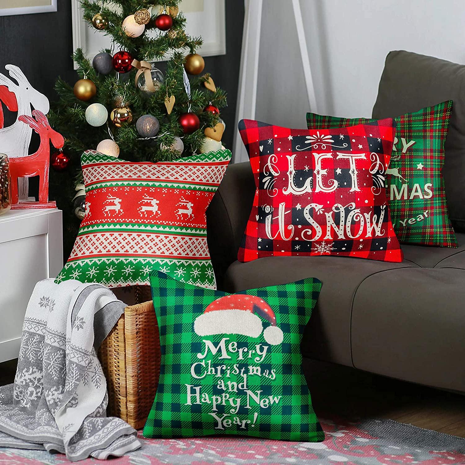 Christmas Throw Pillow Covers 18x18 Buffalo Plaid Pillow Case Xmas Green Red Pillowcase Rustic Throw Pillow Covers for Sofa Couch Holiday Christmas Decorations Invisible Zipper Pillowcase