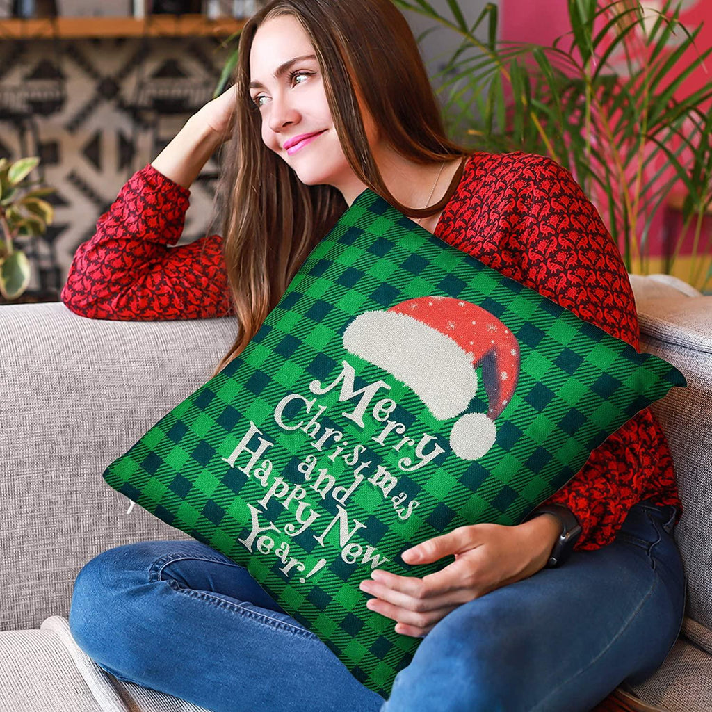 Christmas Throw Pillow Covers 18x18 Buffalo Plaid Pillow Case Xmas Green Red Pillowcase Rustic Throw Pillow Covers for Sofa Couch Holiday Christmas Decorations Invisible Zipper Pillowcase