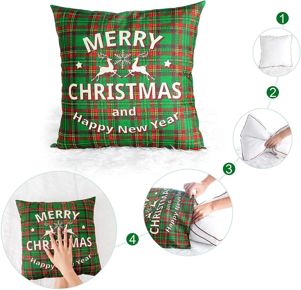 Christmas Throw Pillow Covers 18x18 Buffalo Plaid Pillow Case Xmas Green Red Pillowcase Rustic Throw Pillow Covers for Sofa Couch Holiday Christmas Decorations Invisible Zipper Pillowcase