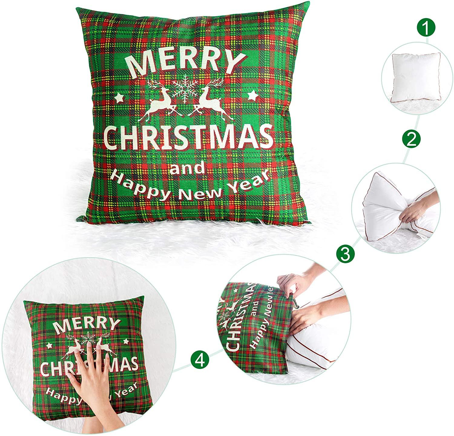 Christmas Throw Pillow Covers 18x18 Buffalo Plaid Pillow Case Xmas Green Red Pillowcase Rustic Throw Pillow Covers for Sofa Couch Holiday Christmas Decorations Invisible Zipper Pillowcase