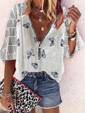 Fashion Butterfly Print V-neck Long Sleeve Loose Blouse
