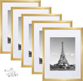 upsimples 12x16 Picture Frame Set of 5, Display Pictures 8.5x11 with Mat or 12x16 Without Mat, Wall Gallery Photo Frames,Gold