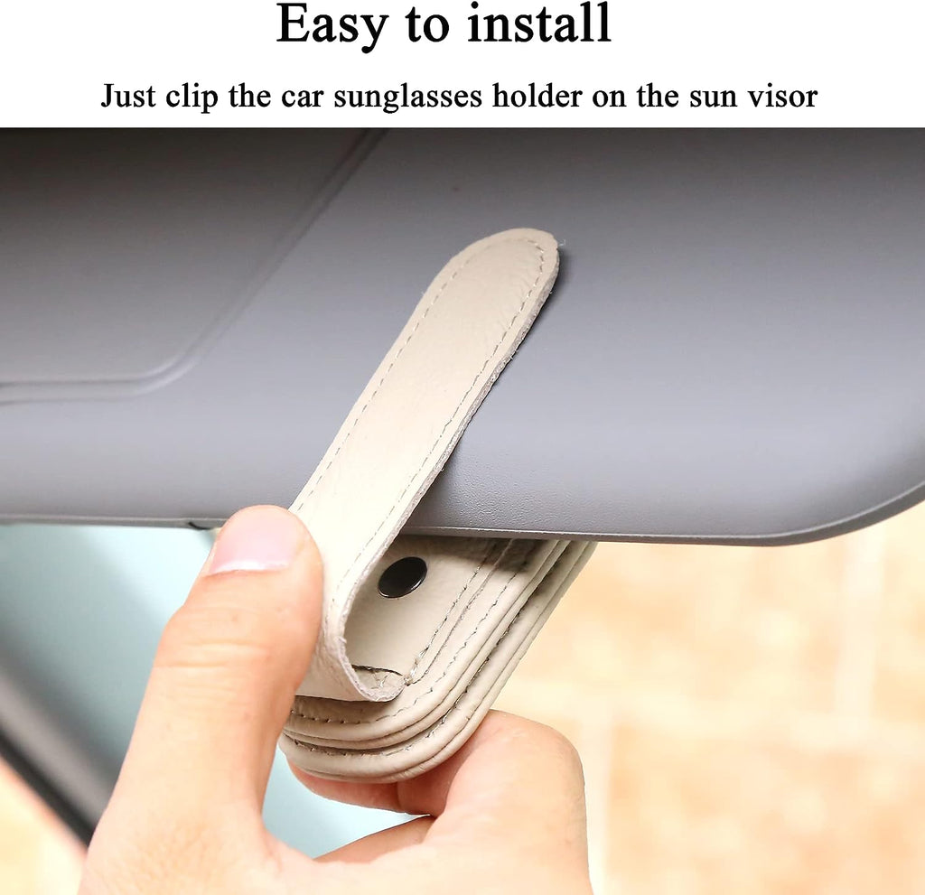 KIWEN Sunglasses Holders for Car Sun Visor, Magnetic Leather Glasses Eyeglass Hanger Clip for Car, Ticket Card Clip Eyeglasses Mount (Beige)
