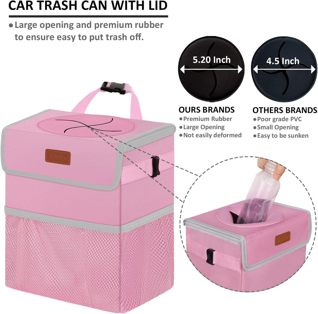 Vankor Car Trash Can for Car Cute, Car Trash Bag Bin Hanging Waterproof Automotive Car Garbage Cans Leak Proof Vehicle Trash Can Pink