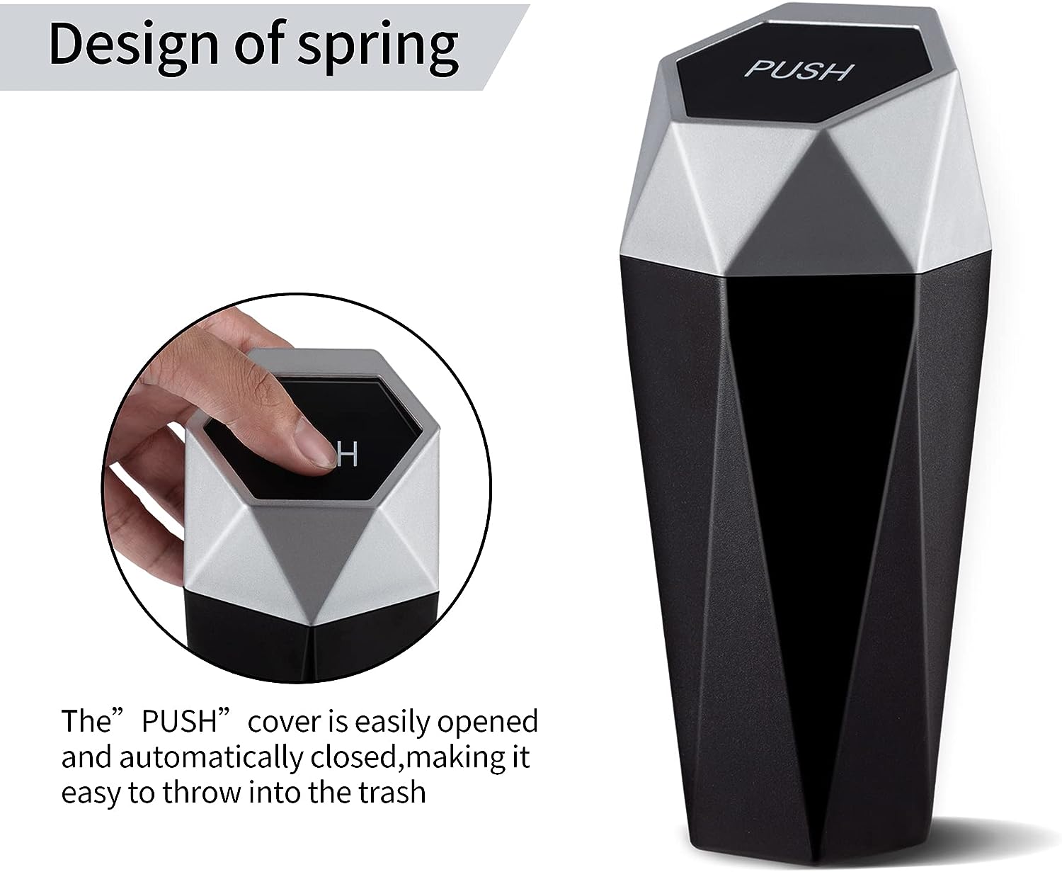 JUSTTOP Car Trash Can with Lid, Diamond  Small Automatic Portable Trash Can, Easy to Clean, Used in Car Home Office (Silver)