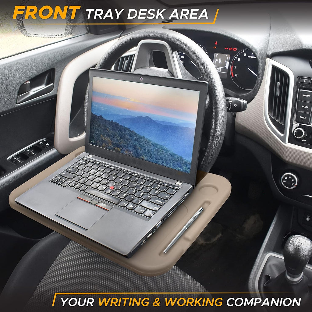EcoNour 2 in 1 Car Steering Wheel Desk (Beige) | Steering Wheel Tray for Laptop Car Mount with Pen Holder | Car Food Tray for Eating with Drinks Holder | Multipurpose Travel Car Accessories