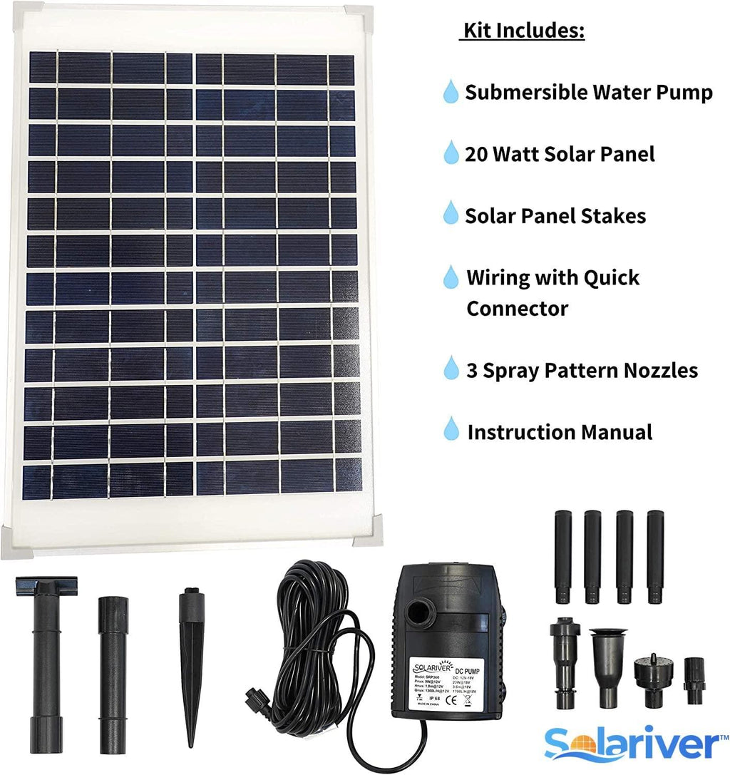 Solariver Solar Water Pump Kit - 360+GPH Submersible Pump with Adjustable Flow, 20 Watt Solar Panel for Sun Powered Fountain, Pond Aeration, Hydroponics, Aquaculture (No Battery Backup)