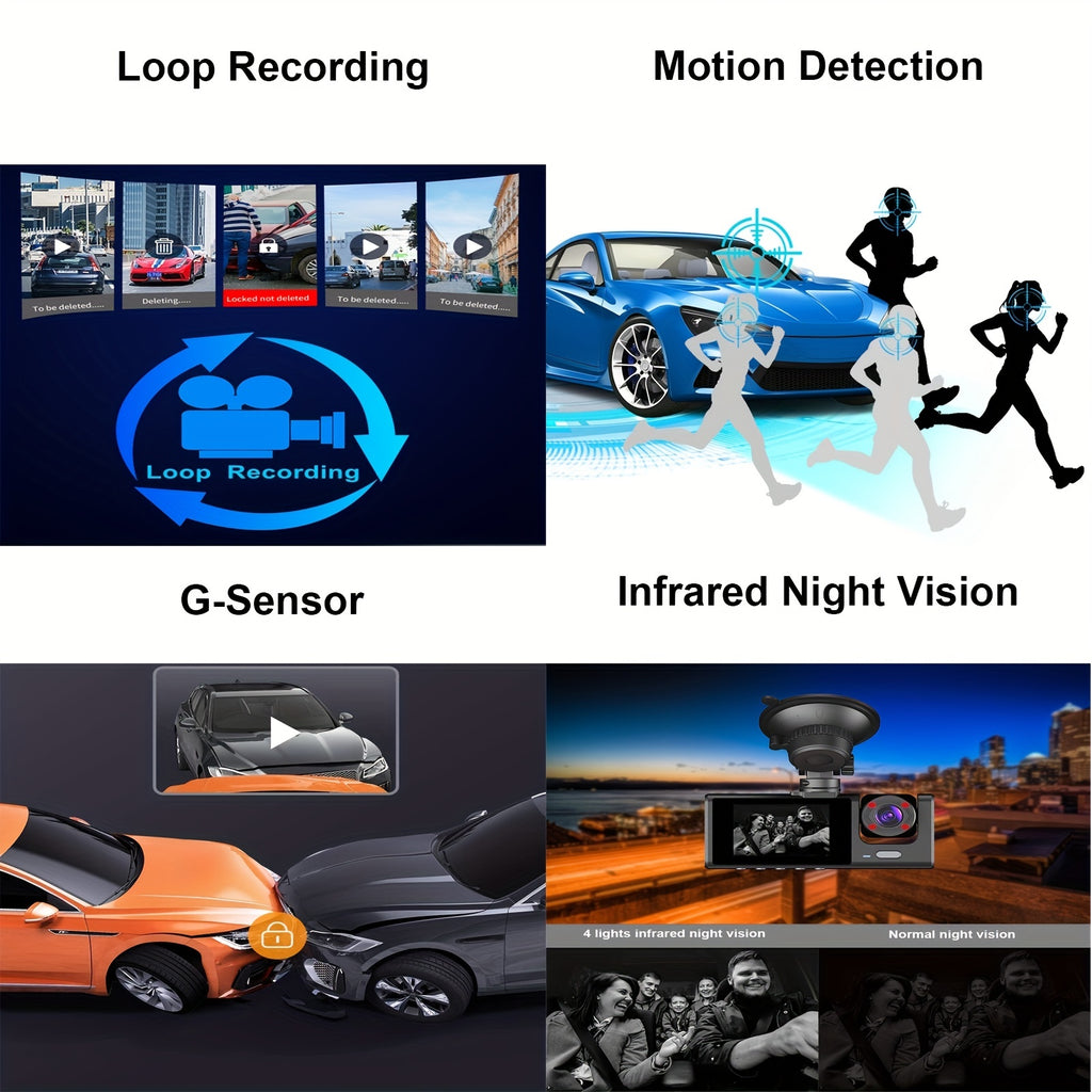 Camera FHD 1080P 3-Channel Dash Camera Front And Rear Inside Dash IR Night Vision Loop Recording G-Sensor Car DVR Camera With 2-Inch IPS Screen 3 Cameras