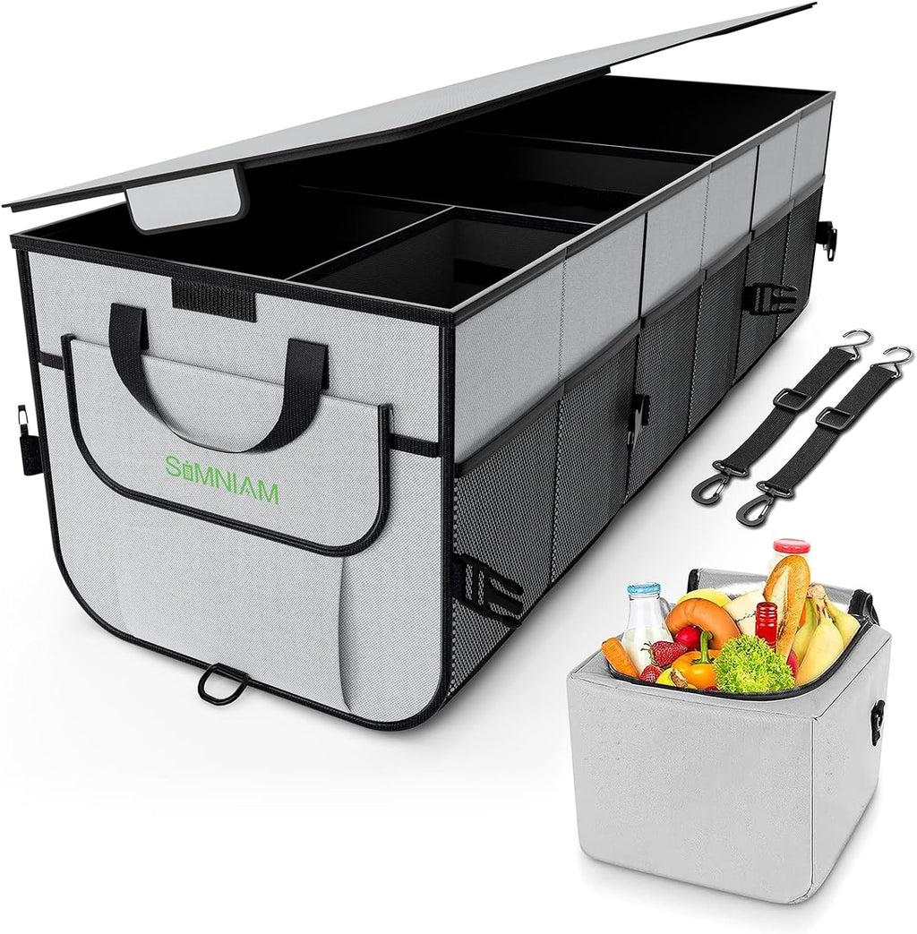 Simniam Car Trunk Organizer with Insulated Grocery Bag- 92L High Capacity Car Storage Box, with 4 Compartments, Reflective Strip, Cover, for Auto, SUV, Truck, Minivan