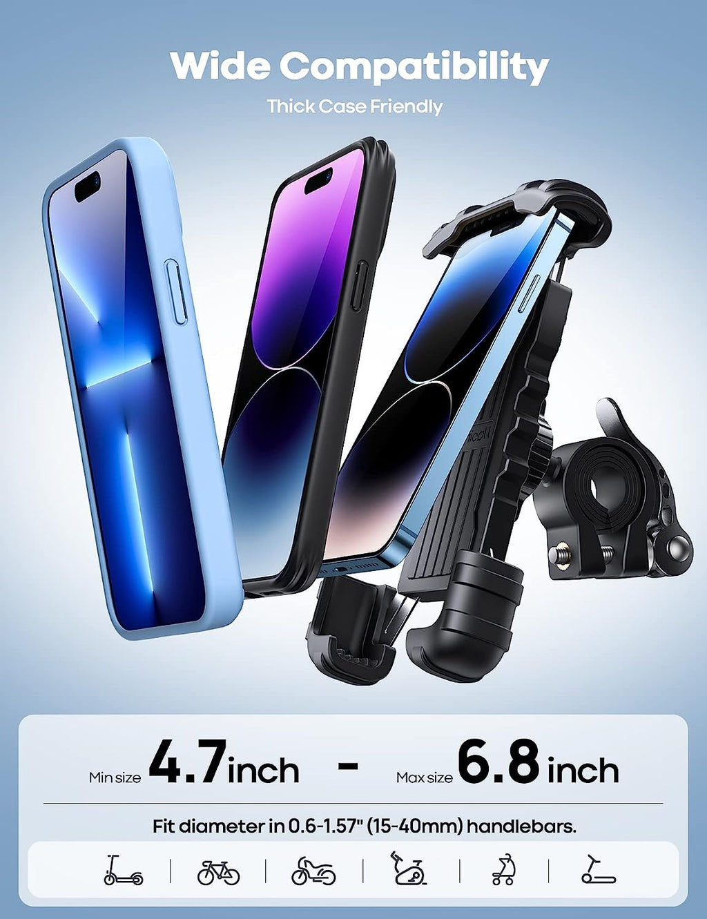Bike Phone Holder, Motorcycle Phone Mount - Lamicall Motorcycle Handlebar Cell Phone Clamp, Scooter Phone Clip for iPhone 14 Plus/Pro Max, 13 Pro Max, S9, S10 and More 4.7" - 6.8" Smartphones
