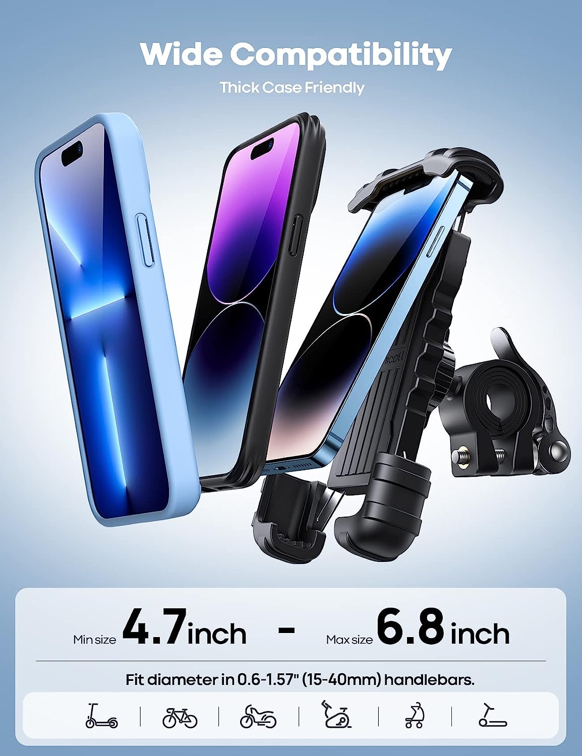 Bike Phone Holder, Motorcycle Phone Mount - Lamicall Motorcycle Handlebar Cell Phone Clamp, Scooter Phone Clip for iPhone 14 Plus/Pro Max, 13 Pro Max, S9, S10 and More 4.7" - 6.8" Smartphones