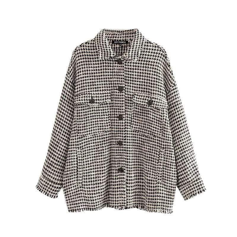 stylish frayed oversized plaid jacket