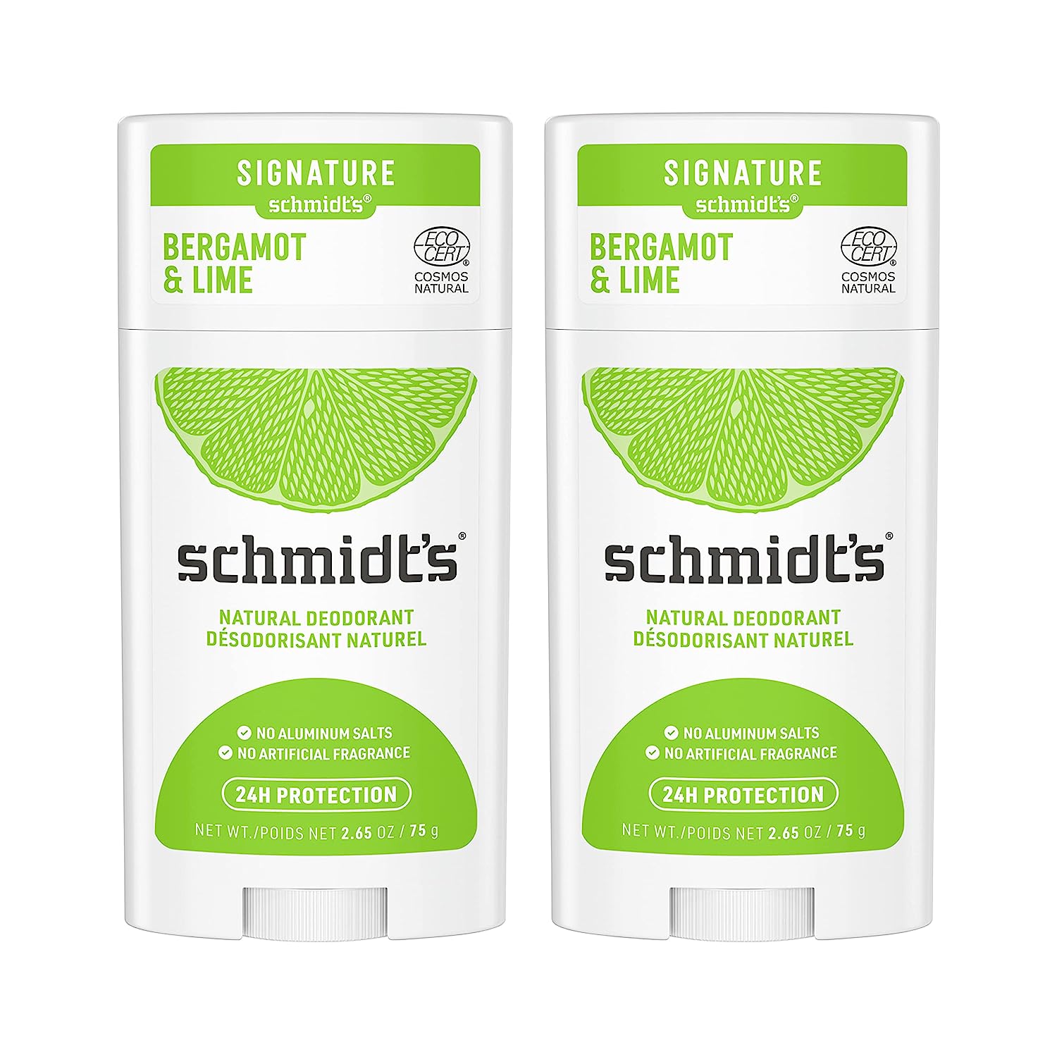 Schmidt's Aluminum Free Natural Deodorant For Women And Men, Bergamot &amp; Lime With 24 Hour Odor Protection, Certified Cruelty Free, Vegan Deodorant, 2.65oz 2 Pack