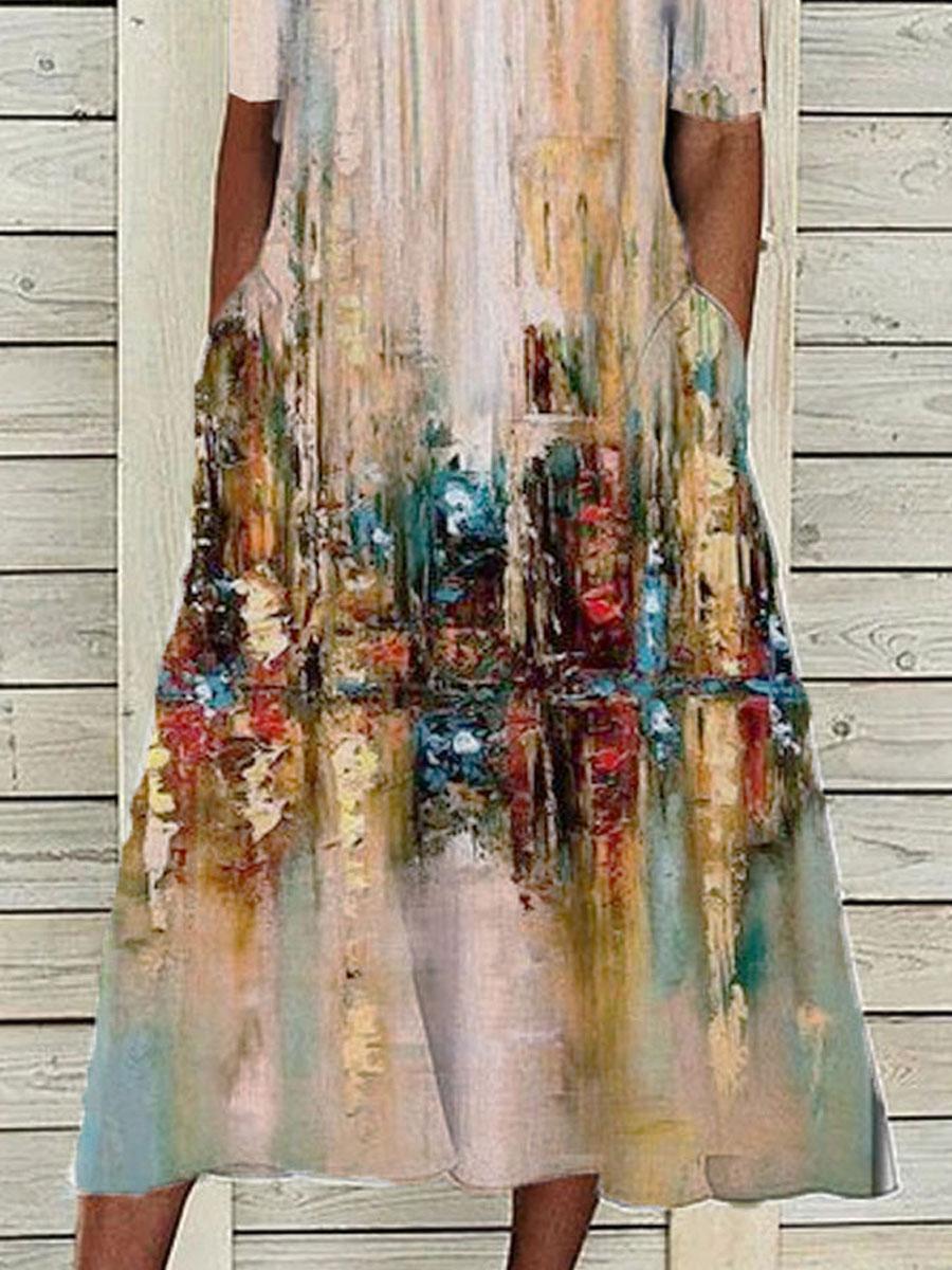 Oil Painting Print Round Neck Short Sleeve Casual Maxi Dress
