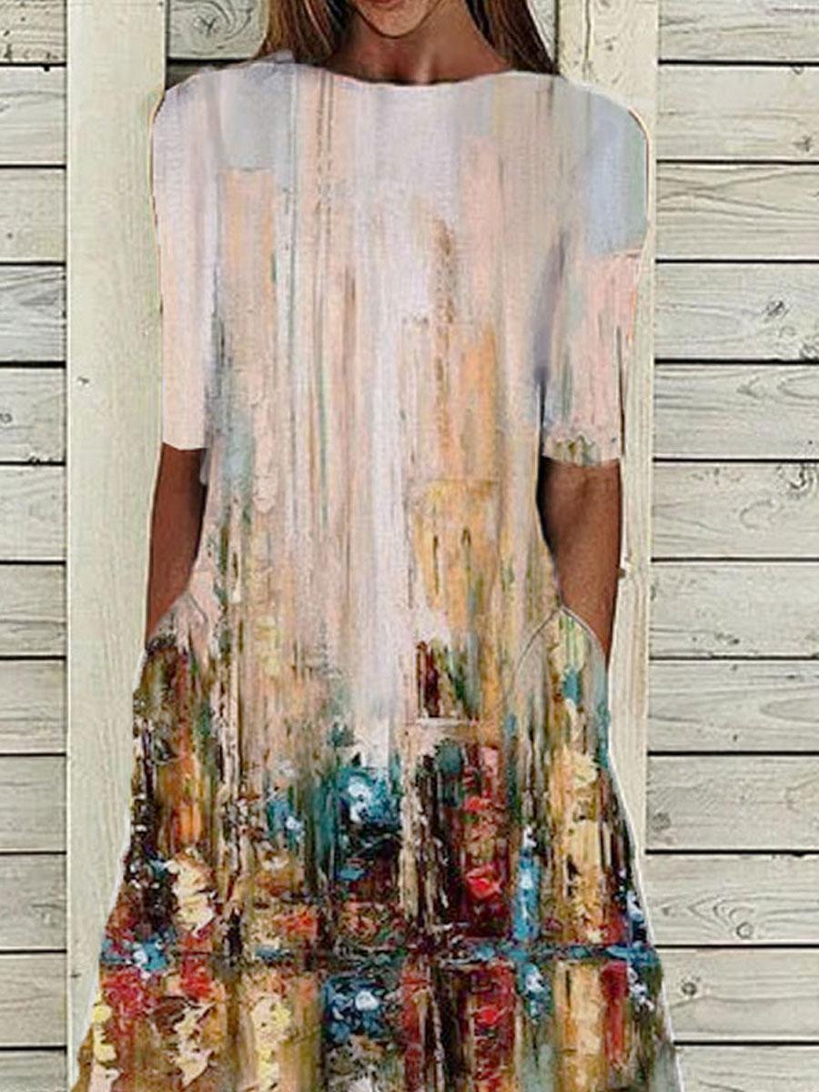 Oil Painting Print Round Neck Short Sleeve Casual Maxi Dress