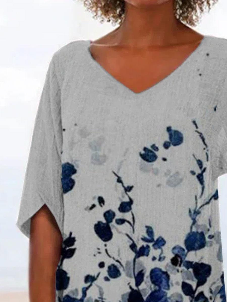 V-neck Loose Casual Ink Floral Print Short Sleeve Blouse