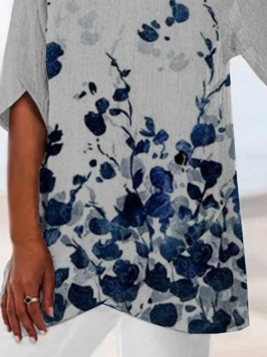 V-neck Loose Casual Ink Floral Print Short Sleeve Blouse