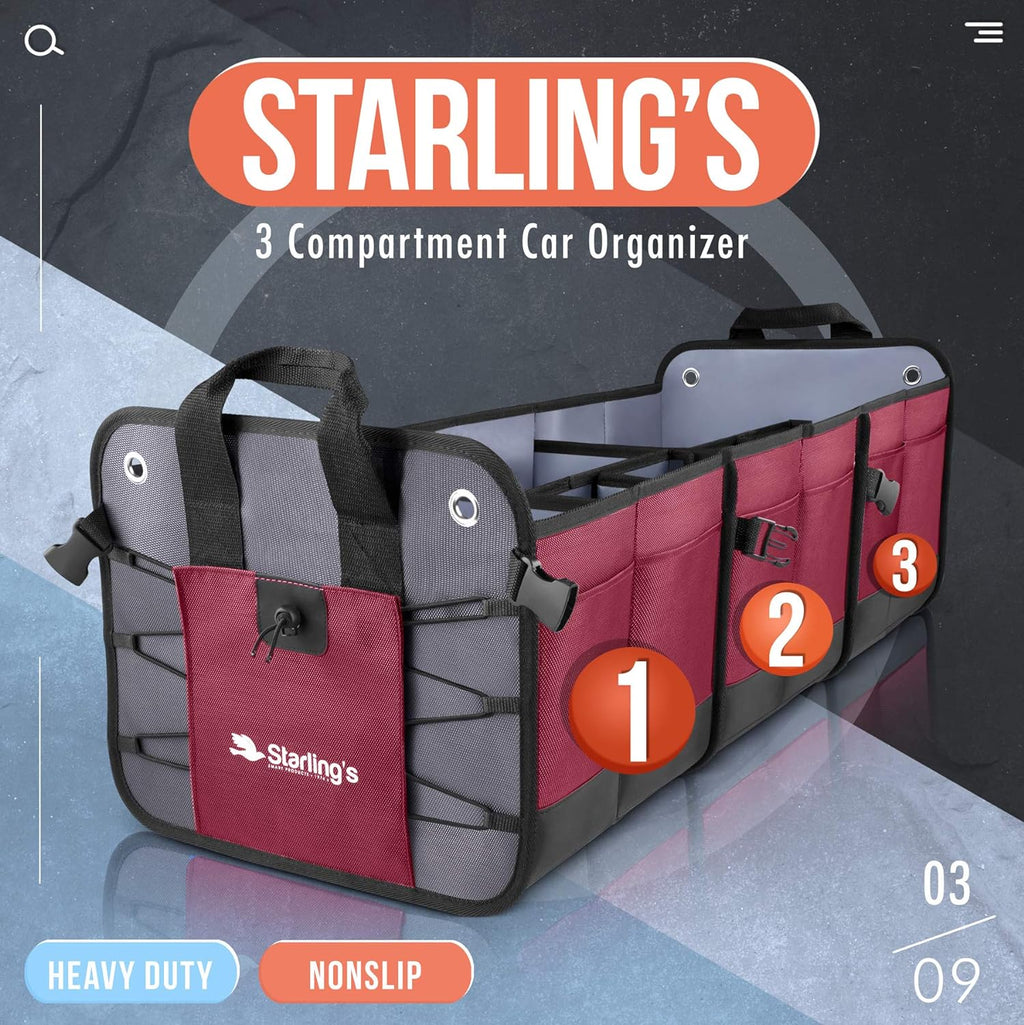 Starling's Car Trunk Organizer - Durable Storage SUV Cargo Organizer Adjustable (Bordeaux, 3 Compartments)