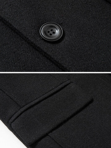 mens pure color lapel single breasted warm casual long woolen overcoats