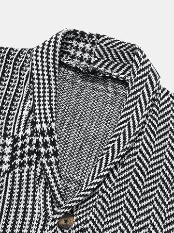 mens houndstooth pattern patchwork lapel button front knit casual cardigans