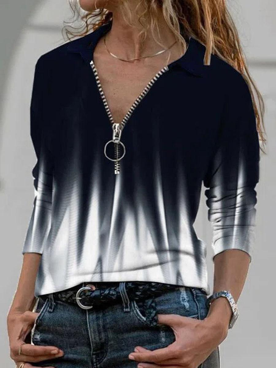 Printed Zipper Casual Long-sleeved T-shirt