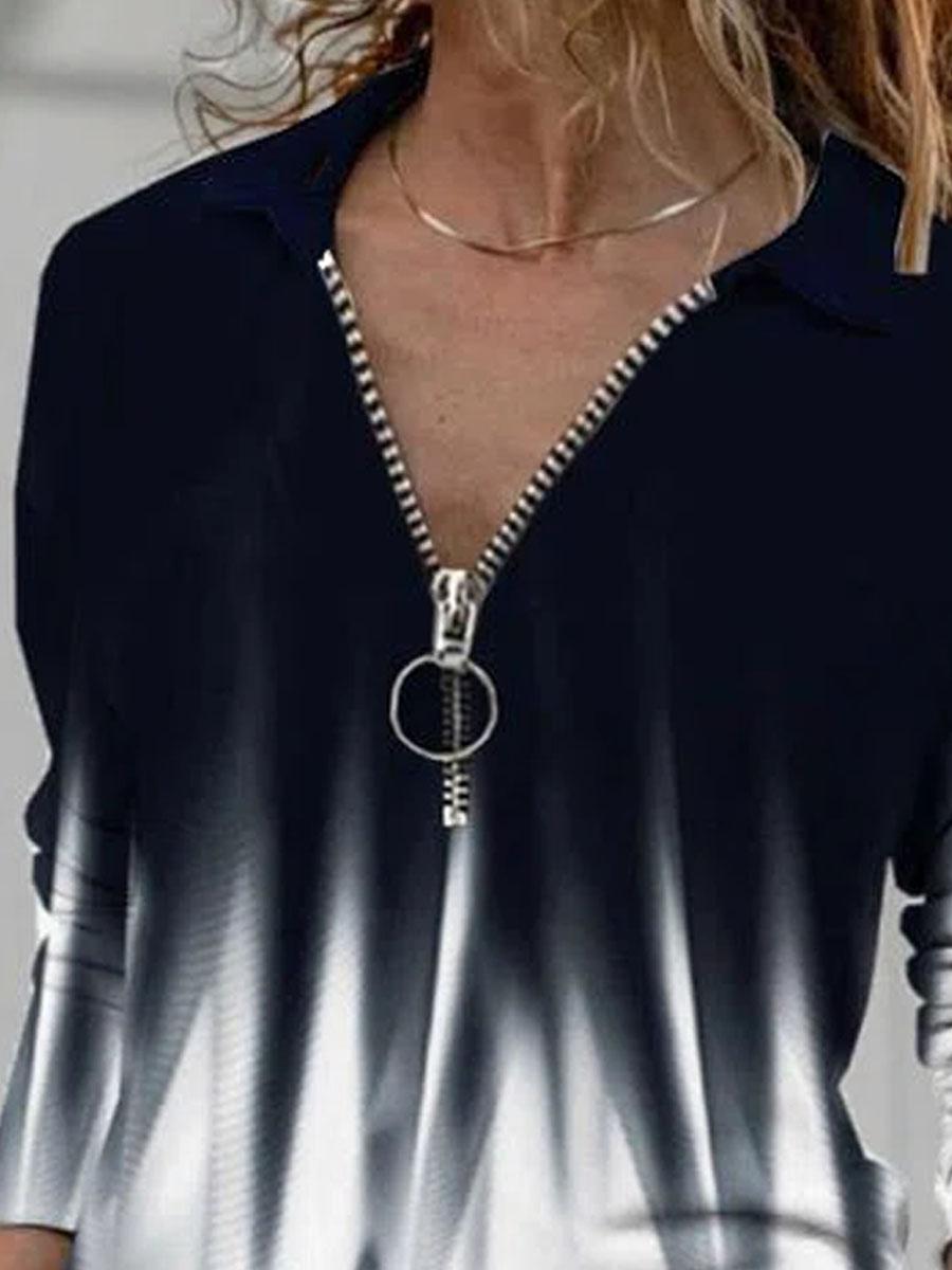 Printed Zipper Casual Long-sleeved T-shirt
