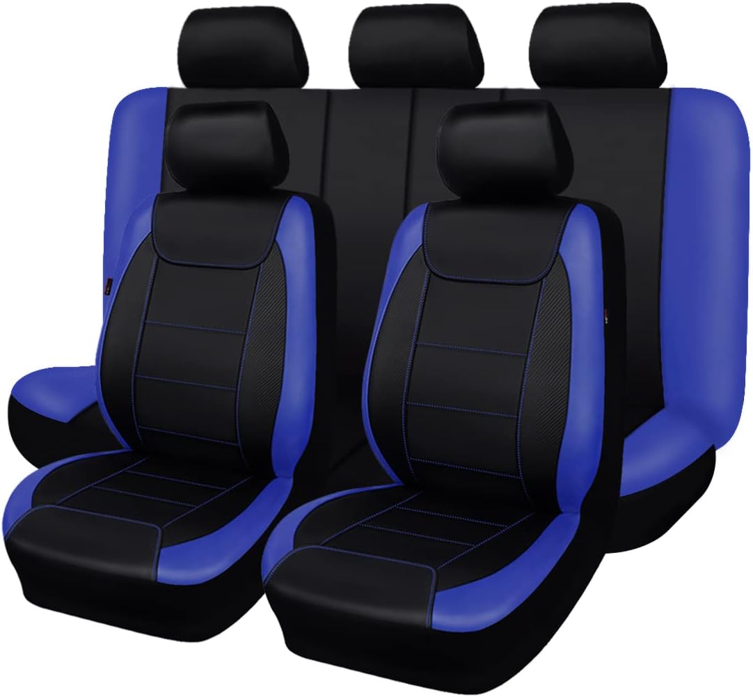 Flying Banner car seat Covers Protects Water Proof Faux Leather Carbon Fiber Front and Rear Bench (Blue Black, Full Set - 9PCS)