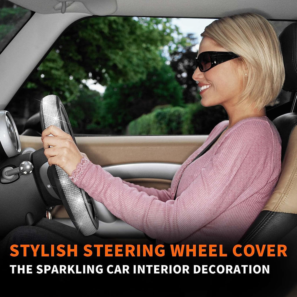 HOTOR Cute Bling Steering Wheel Cover for Women &amp; Girls with Sparkly Diamond Rhinestones, Gorgeous Accessory with Anti-Slip Lining for Diverse Cars (14.5-15 inch)