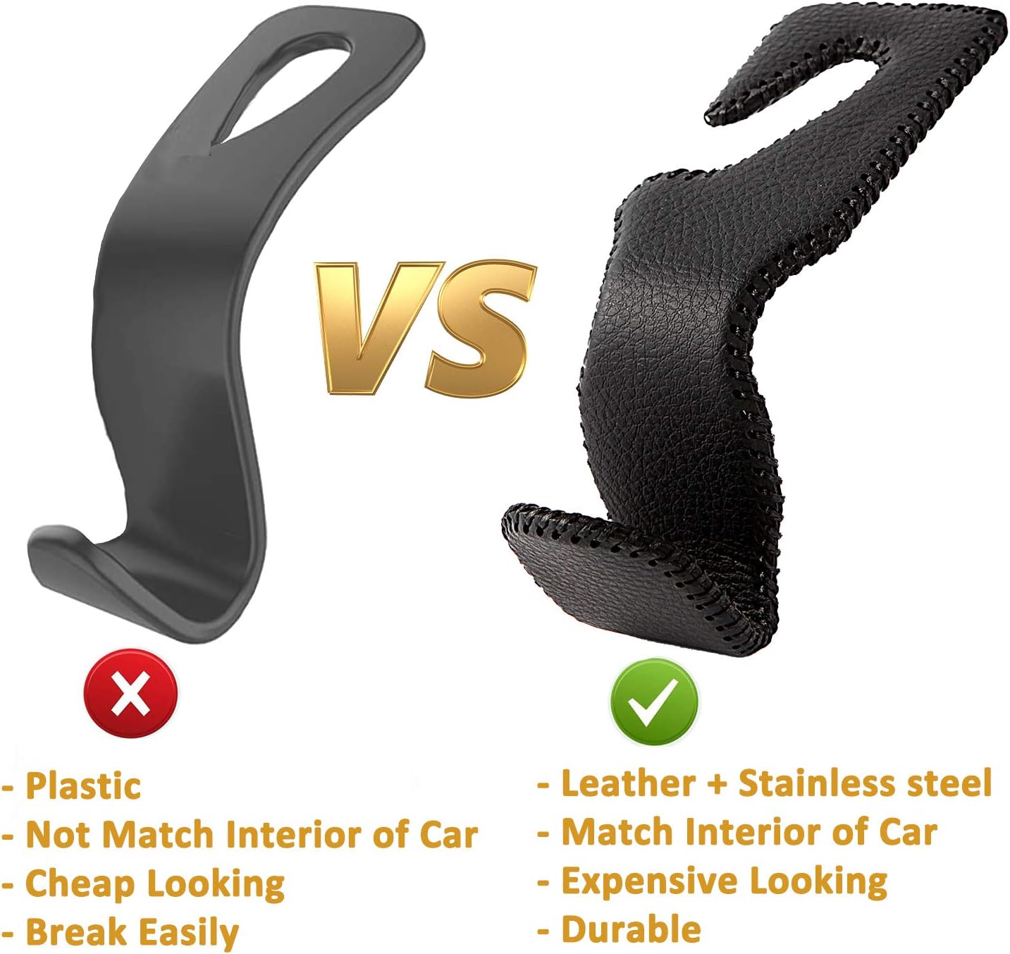 AMVOYOA Headrest Hooks for Car, Back Seat Organizer Black Leather Hanger Holder Hook, for Hanging Purses and Bags and Coats, Pack of 2