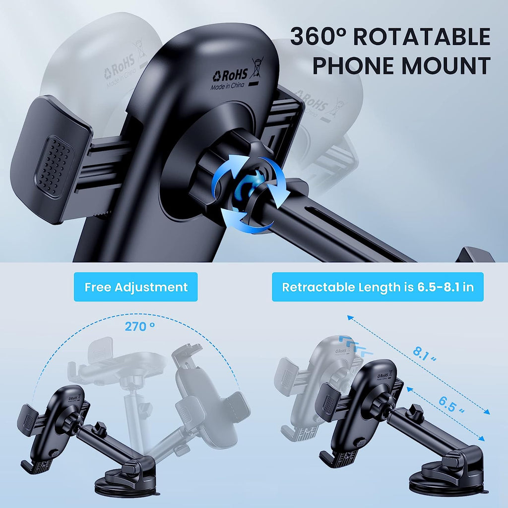 Car Phone Holder Mount [Military-Grade Suction &amp; Stable Hook] Phone Mount for Car Windshield Dashboard Air Vent Universal Hands-Free Automobile Mounts Cell Phone Holder Fit for iPhone Smartphones