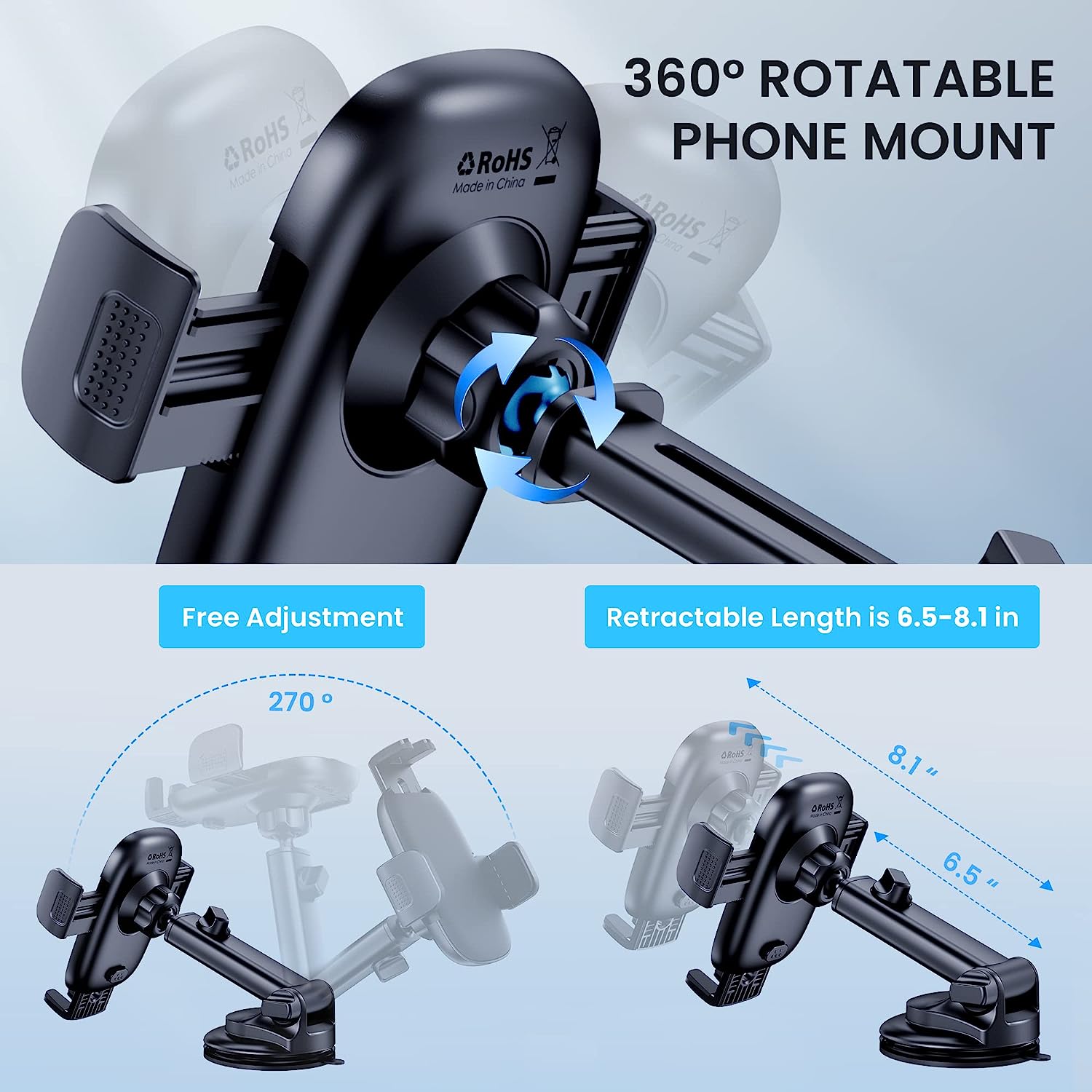 Car Phone Holder Mount [Military-Grade Suction &amp; Stable Hook] Phone Mount for Car Windshield Dashboard Air Vent Universal Hands-Free Automobile Mounts Cell Phone Holder Fit for iPhone Smartphones