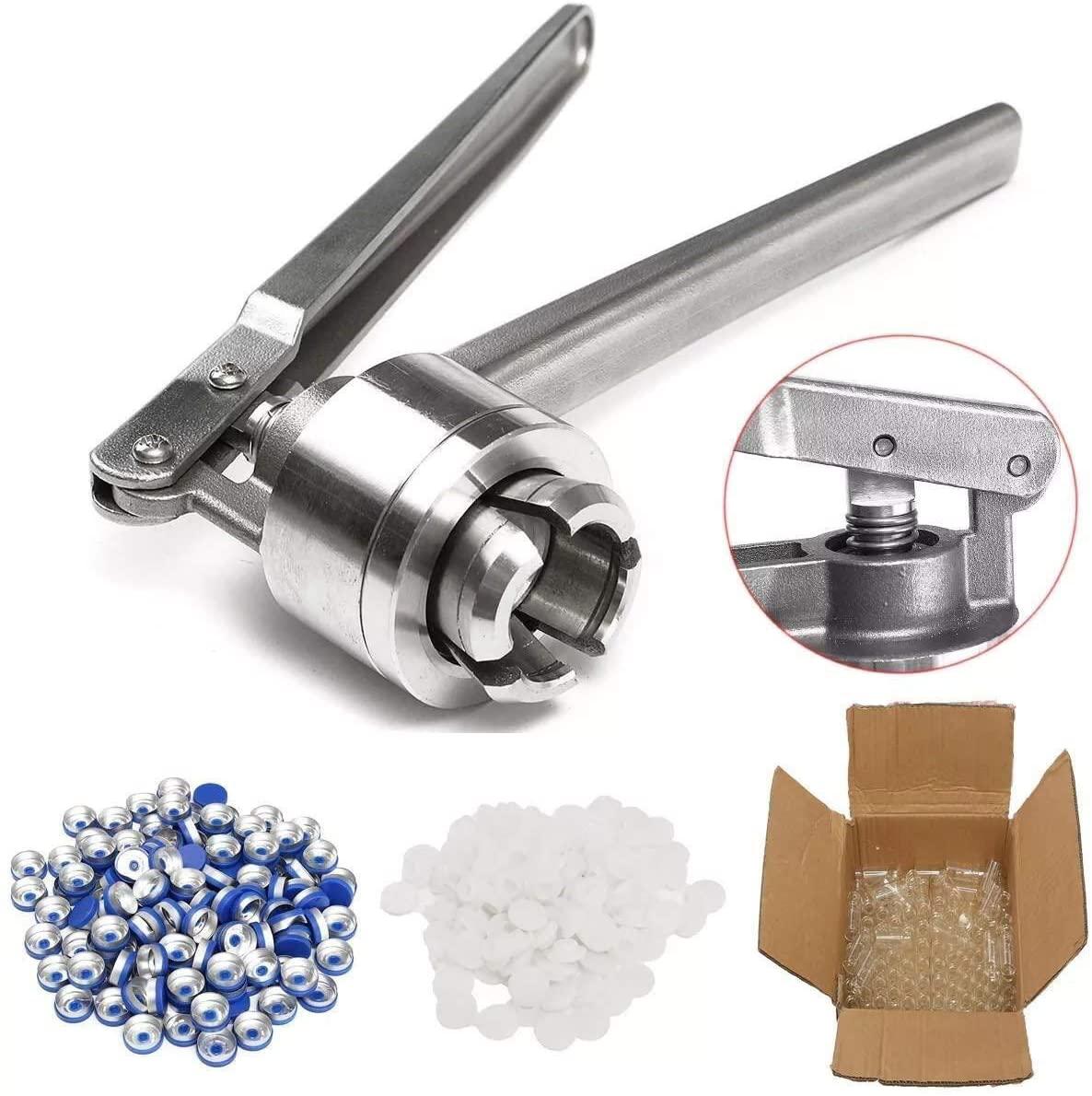 WHEEJE Industrial 20MM Manual Crimper Hand Seal Ring Machine Tool with 100 Vials and Stoppers and Caps Eye Pliers Tools