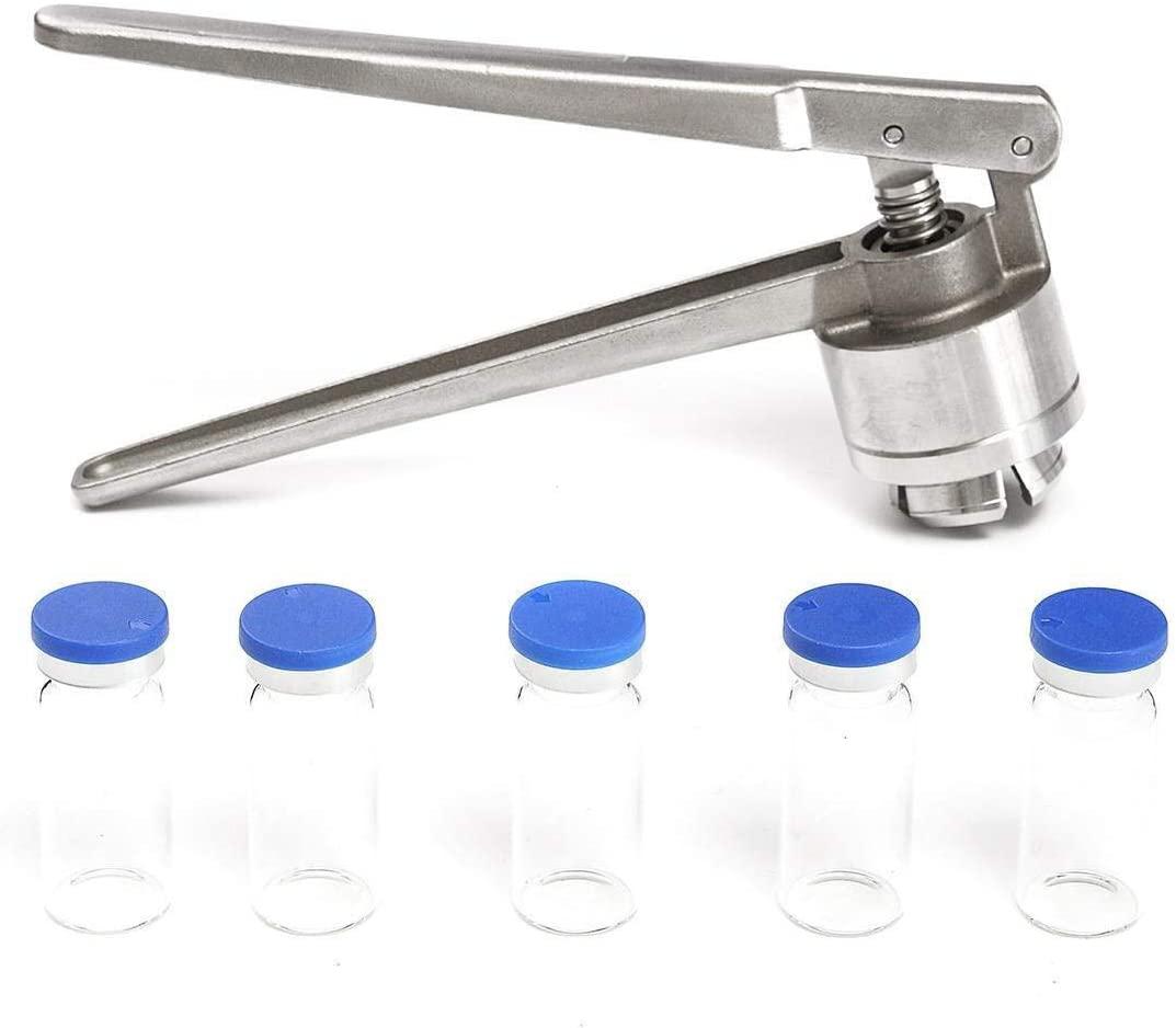 WHEEJE Industrial 20MM Manual Crimper Hand Seal Ring Machine Tool with 100 Vials and Stoppers and Caps Eye Pliers Tools